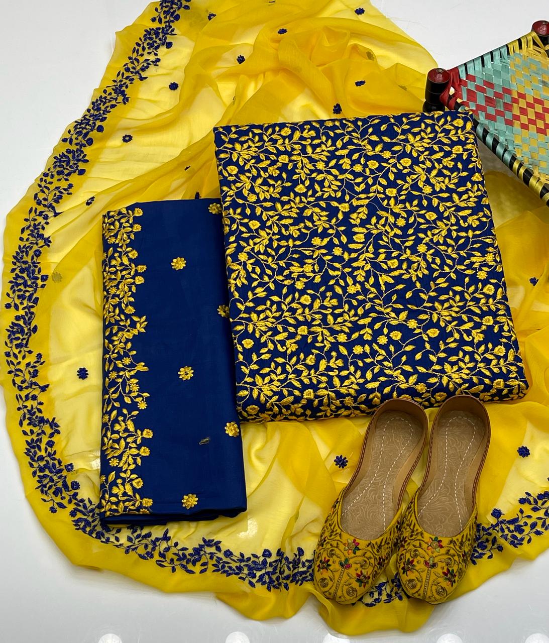 4pc Rose Embroidered Dress Yellow/Blue (Khussa Gift)