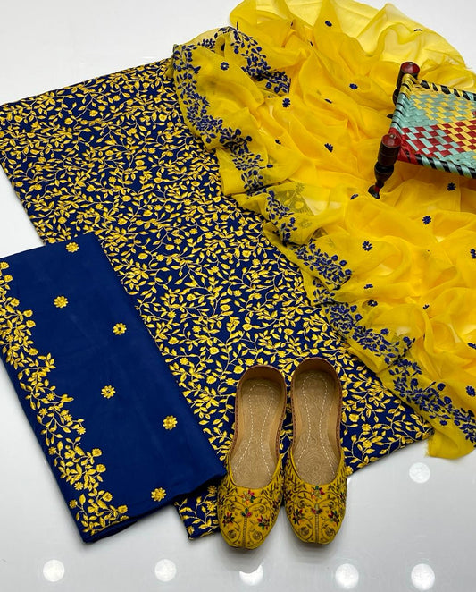 4pc Rose Embroidered Dress Yellow/Blue (Khussa Gift)